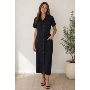 Studio I Navy Button Front Midi Shirt Dress Womens Size 12 New With Tags